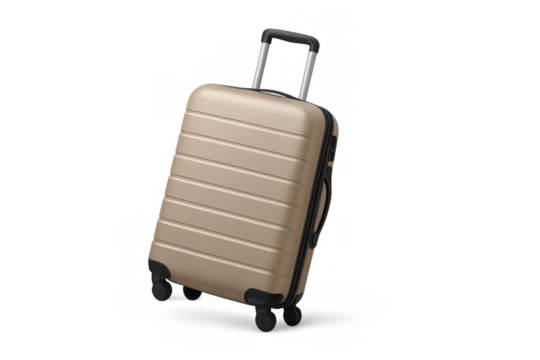 Beige hard-shell rolling luggage with telescopic handle for travel and vacation, transparent background