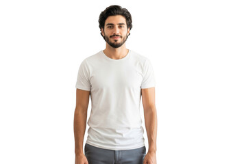 Fototapeta premium A young adult male with dark hair and a beard wearing a plain white t shirt and grey pants standing facing forward isolated on transparent background