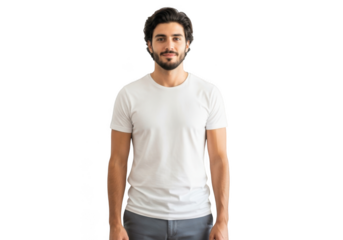 A young adult male with dark hair and a beard wearing a plain white t shirt and grey pants standing facing forward isolated on transparent background