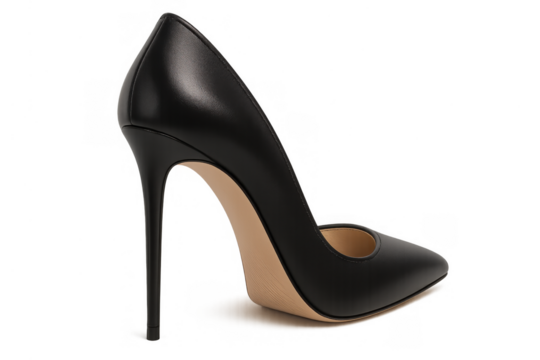 Black leather high heel pump shoe with a pointed toe and stiletto heel, representing elegance, fashion, and luxury, transparent background