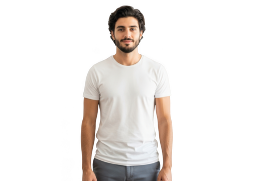 A young adult male with dark hair and a beard wearing a plain white t shirt and grey pants standing facing forward isolated on transparent background - Powered by Adobe