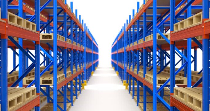 Camera moving along of  double row of pallet racking system  - 3D animation seamlessly loopable
