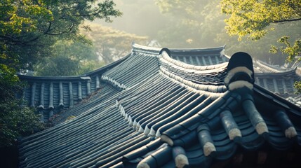Korean Hanok - Celadon Pottery Roof: Traditional Korean Hanok with gracefully curved roof tiles made of luminous celadon pottery