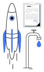 Rocket taking off with contract document and dripping water tap, symbolizing creativity, innovation, agreements, sustainability, progress, entrepreneurship, solutions. Ideal for business education