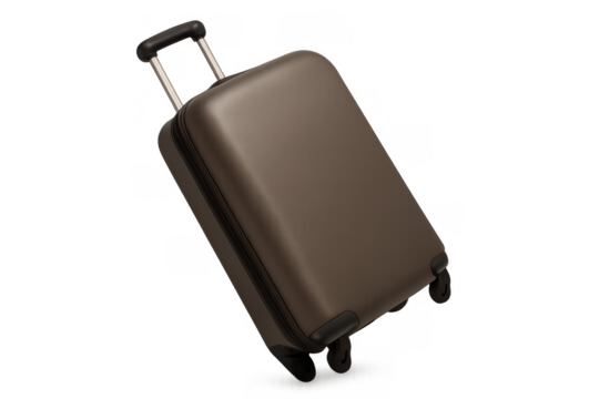 Brown luggage rolling on a checkerboard background, depicting modern baggage for vacation, tourism, and trip concepts. Transparent background