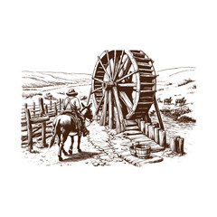 Man riding donkey near a noria isolated on