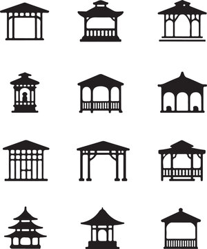 Gazebo and Pavilion Silhouette Icons Vector Set