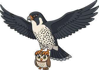 Funny cartoon peregrine falcon flying with wings spread wide carrying surprised owl in talons on white background vector illustration