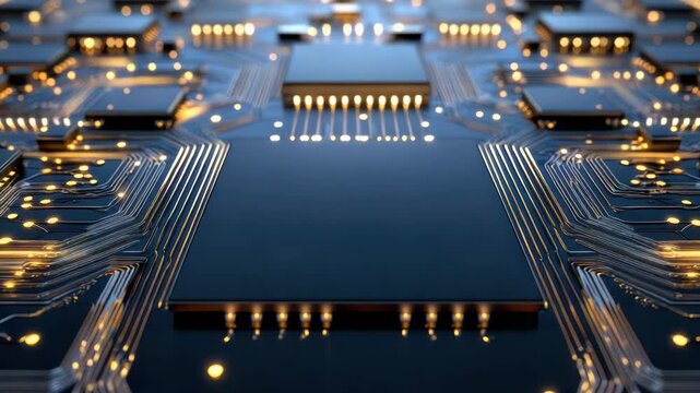 High performance integrated circuit board with glowing golden traces microchip conductor solder