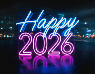 Happy New Year party celebration card concept with 3D illustration of neon sign text, love, and holiday light design for a 2026 business event eve