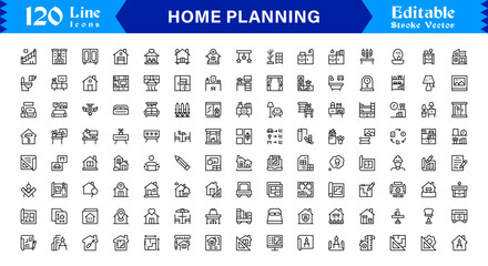 Home Planning line icon set featuring editable, pixel-perfect, and clean line icons. Includes professional, modern, and minimal visuals ideal for architecture and design projects.