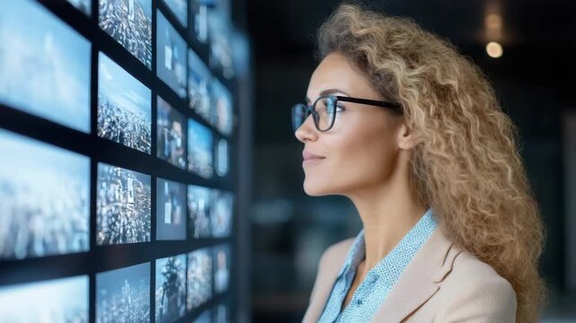 Curious professional woman wearing glasses viewing digital display of video thumbnails