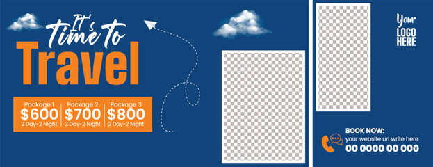 Holiday Tour Travel Banner and Tourism Social Media Cover Featuring Travel Sale, Vacation Package Deals, Flight Ticket Service, Hotel Resort Booking, Online Advertisement Template Design