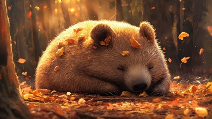 Wombat, its sturdy body and coarse fur like a living, lovable boulder, calm and sleepy, soft twilight glow
