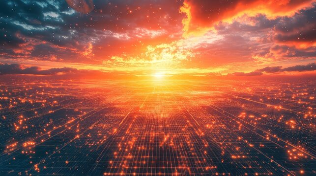 Expanding digital network connecting a futuristic cityscape at sunset