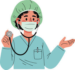An illustration of a medical professional, likely a doctor or nurse, wearing scrubs, a surgical cap, and a face mask, holding a stethoscope and gesturing with the other hand.