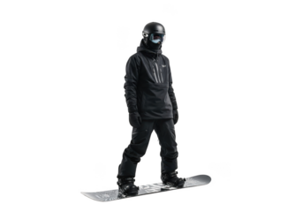 A dark clad individual wearing protective gear and helmet stands ready on a snowboard isolated on transparent background