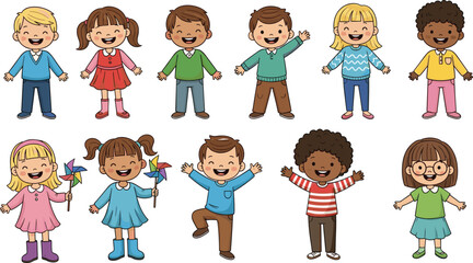 Happy diverse cartoon children, smiling kids group, playful boys and girls, colorful outfits, cheerful expressions, multicultural, joyful, isolated on white
