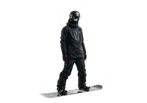 A dark clad individual wearing protective gear and helmet stands ready on a snowboard isolated on transparent background
