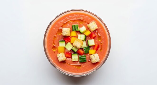 Minimalist High-Angle Shot of Chilled Vibrant Spanish Gazpacho with Fresh Garnishes