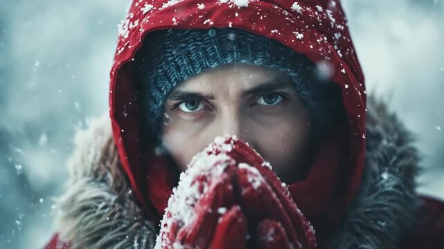 Close-up of a person bundled in a red winter coat and gloves, warming hands in a snowy, cold environment.