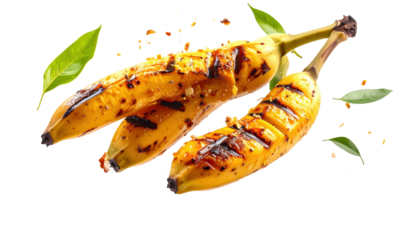 Two Grilled Bananas with Scattered Crumbs and Green Leaves on a Transparent background