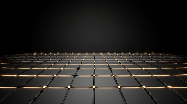 Futuristic black grid surface with glowing golden lights, modern technology background
