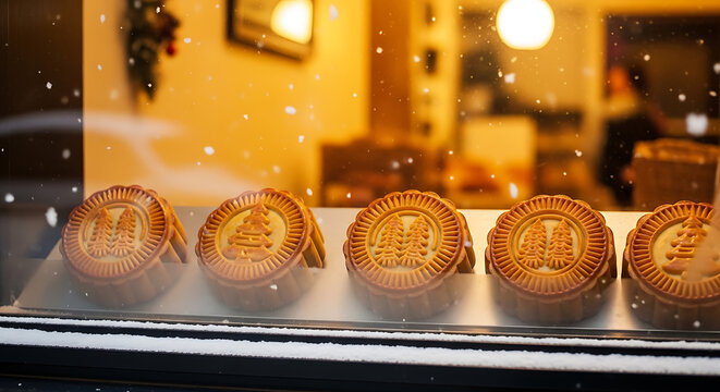 Traditional mooncakes with intricate patterns elegantly displayed in a warm shop window, creating an inviting glow as soft snow falls outside, evoking a festive and cozy scene