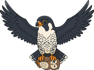 Peregrine falcon in flight clutching subdued owl with wide wingspan and sharp talons on white background vector illustration