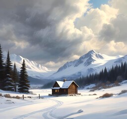 Fototapeta premium Wooden cabin in snowy mountain