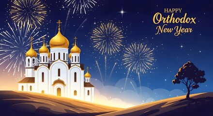 Orthodox new year celebration with fireworks over a grand church