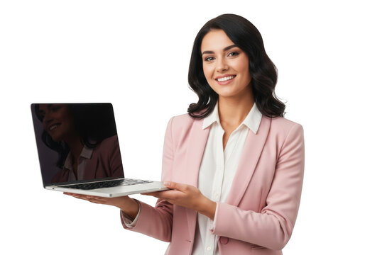 Smiling professional woman in a pink blazer holding a silver laptop presenting information isolated on transparent background