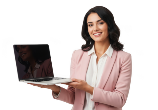 Smiling professional woman in a pink blazer holding a silver laptop presenting information isolated on transparent background - Powered by Adobe
