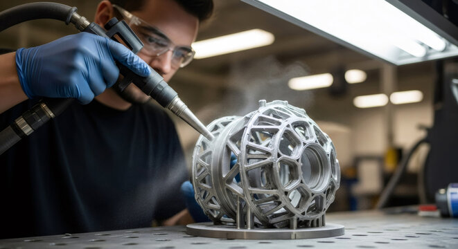 Young man engineer sandblasting a complex metal 3D printed part, post-processing additive manufacturing in an industrial workshop. - Powered by Adobe