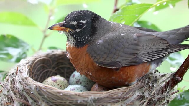 Close-up of a robin bird in a nest with eggs, birdwatching concept. Spring. Wildlife.