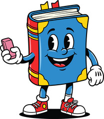 Smiling cartoon blue book character with bookmarks, red sneakers, gloves, holding pink eraser, fun educational mascot for children