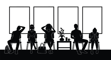 Diverse silhouettes waiting anxiously in waiting room with blank frames