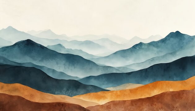 Layered abstract mountains painted in muted blues browns and golds. Gentle misty hills fade into distance. Serene peaceful landscape artwork.