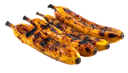 Four Grilled Bananas with Dark Char Marks and Caramelized Sugar on a Transparent background