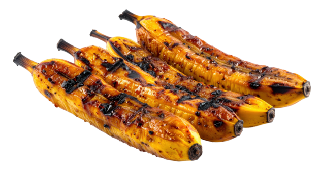 Four Grilled Bananas with Dark Char Marks and Caramelized Sugar on a Transparent background