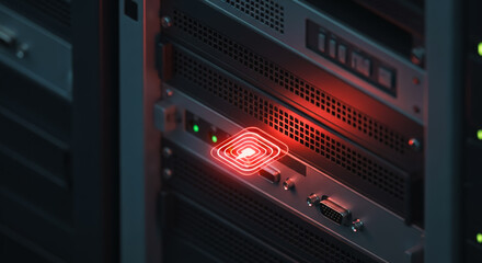 A detailed close-up of a server rack, with a focus on data processing units and a warning indicator. Emphasizes the crucial role of digital infrastructure in modern technology and data management.