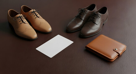 Elegant Men's Leather Dress Shoes, Brown Wallet, and Blank Card on Dark Textured Surface for Business or Luxury Fashion Mockup