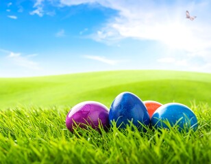 Close-up of Easter eggs on vibrant green grass beneath a sunny sky