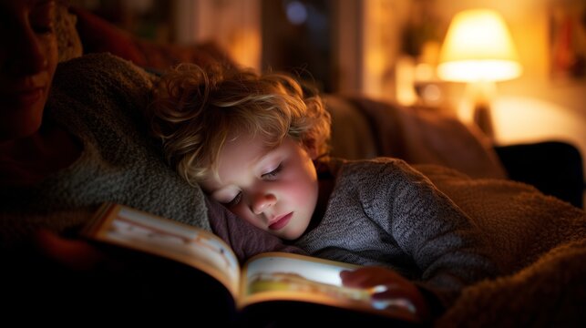 Mother and child enjoy a cozy reading time together on a quiet evening at home