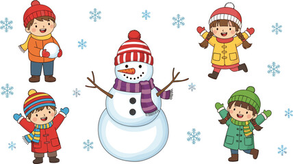 Winter children playing, snowman fun, colorful outfits, snowy day, cheerful kids, festive scene, snowflakes, outdoor joy, seasonal celebration, cartoon style