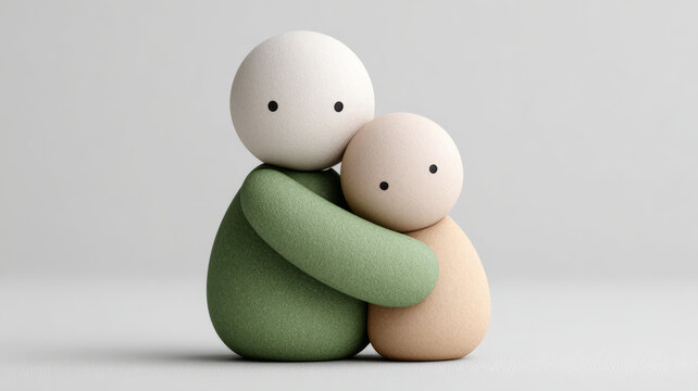 Two minimalist figurines embracing on a plain background.