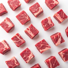 Overhead View of Raw Diced Beef Cubes on White Background,Fresh Raw Beef Cubes for Cooking Top View