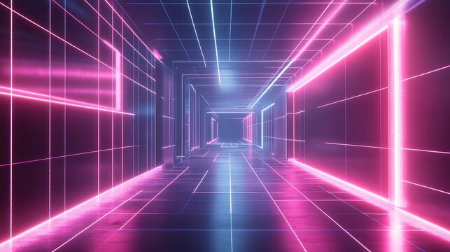 Abstract neon tunnel creating futuristic digital space grid