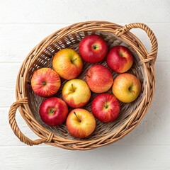 Overhead View of Red and Yellow Apples in Woven Basket,Fresh Red and Yellow Apples in Basket Top View,Colorful Apples in Basket Overhead Photography