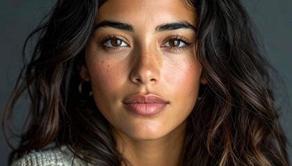 Portrait of Beautiful Woman with Freckles and Natural Makeup. Extreme Close-up. Generated Image
